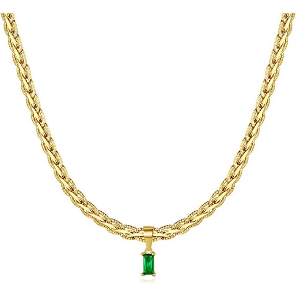 Elegant 18K Gold Plated Vintage Choker Necklace with Emerald Pendant & Zirconia - Picture 1 of 6